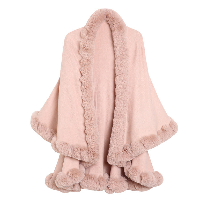 European and American new women's imitation fox fur collar handmade strung hair double-layer knitted cardigan shawl cape 1544 #