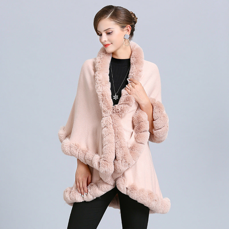 European and American new women's imitation fox fur collar handmade strung hair double-layer knitted cardigan shawl cape 1544 #