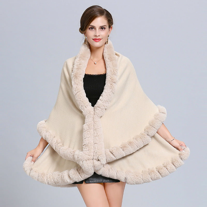 European and American new women's imitation fox fur collar handmade strung hair double-layer knitted cardigan shawl cape 1544 #