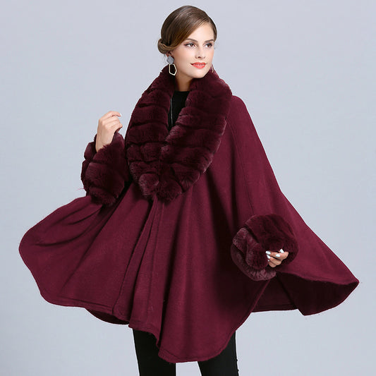 European and American autumn and winter new fashion large size loose imitation fur collar knitted shawl cardigan cape shawl women 1546 #