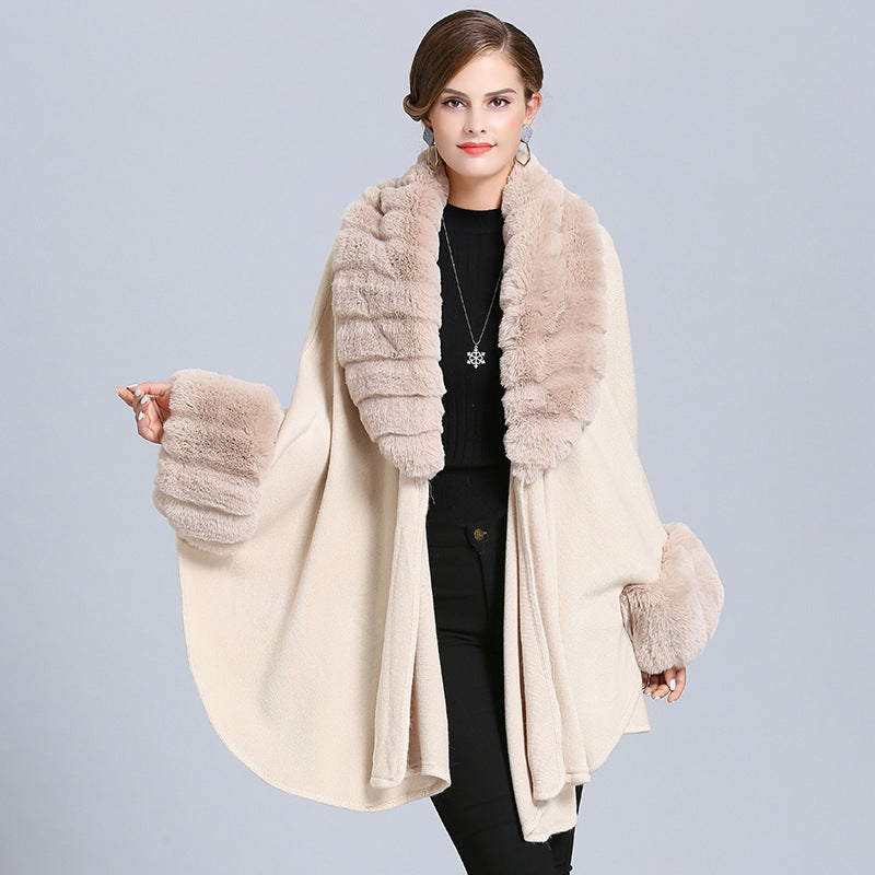 European and American autumn and winter new fashion large size loose imitation fur collar knitted shawl cardigan cape shawl women 1546 #