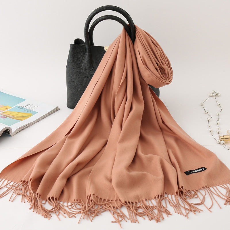 Solid color imitation cashmere scarf women's monochrome fashionable versatile warm shawl fringed red scarf winter scarf