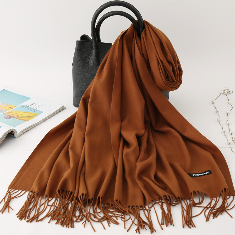 Solid color imitation cashmere scarf women's monochrome fashionable versatile warm shawl fringed red scarf winter scarf