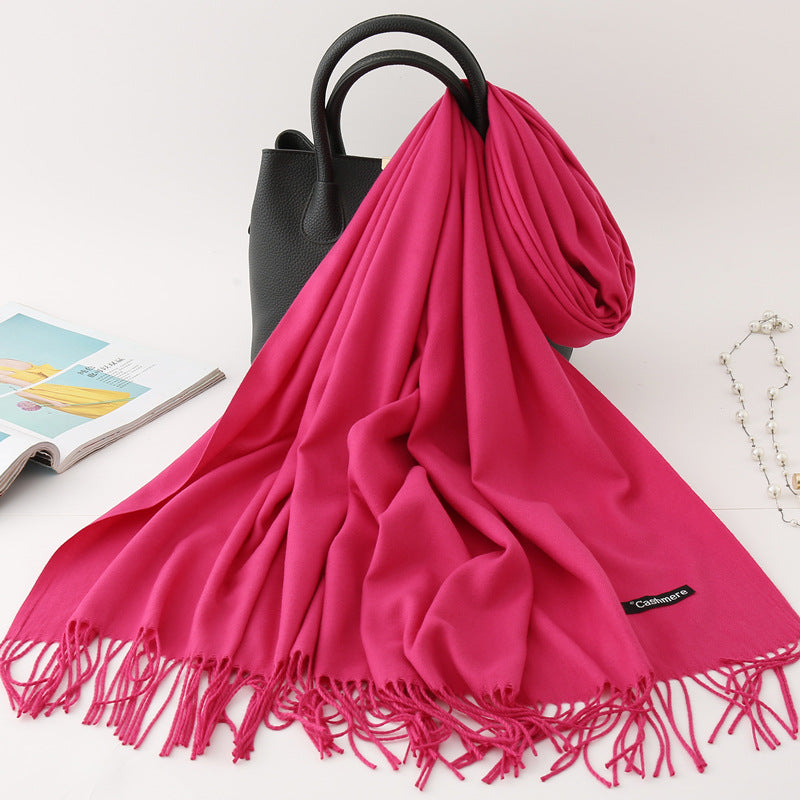 Solid color imitation cashmere scarf women's monochrome fashionable versatile warm shawl fringed red scarf winter scarf