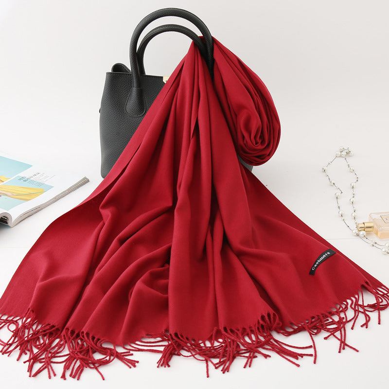 Solid color imitation cashmere scarf women's monochrome fashionable versatile warm shawl fringed red scarf winter scarf
