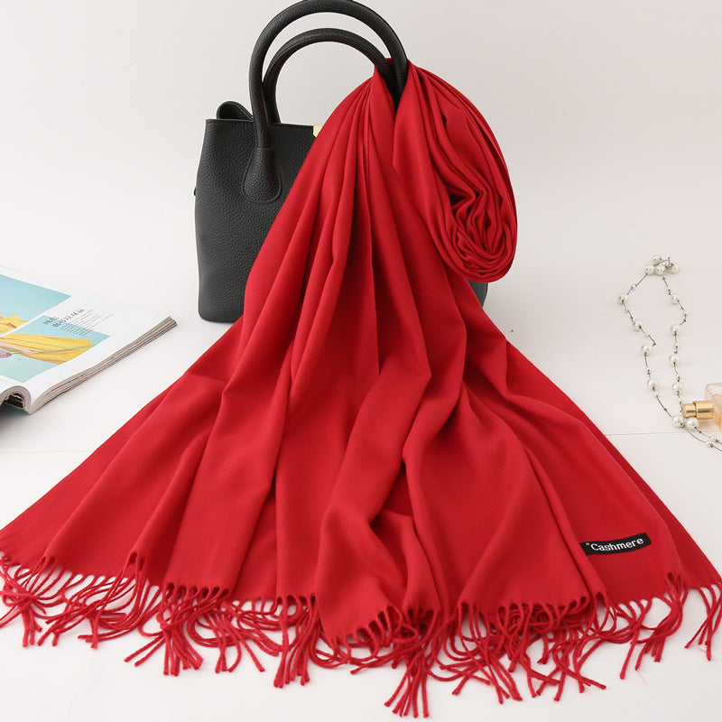 Solid color imitation cashmere scarf women's monochrome fashionable versatile warm shawl fringed red scarf winter scarf