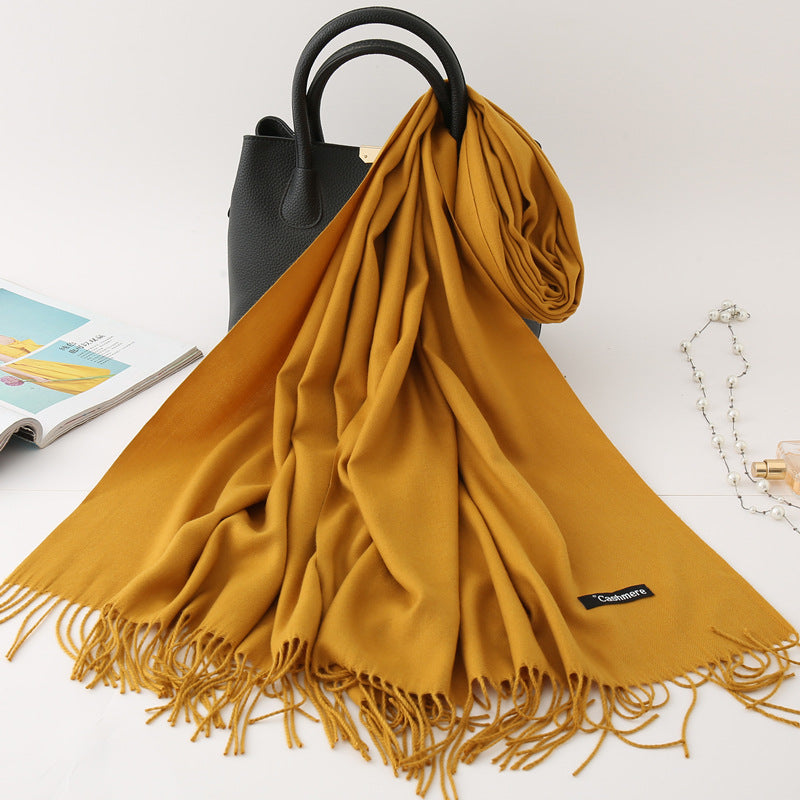 Solid color imitation cashmere scarf women's monochrome fashionable versatile warm shawl fringed red scarf winter scarf
