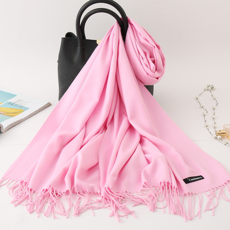 Solid color imitation cashmere scarf women's monochrome fashionable versatile warm shawl fringed red scarf winter scarf
