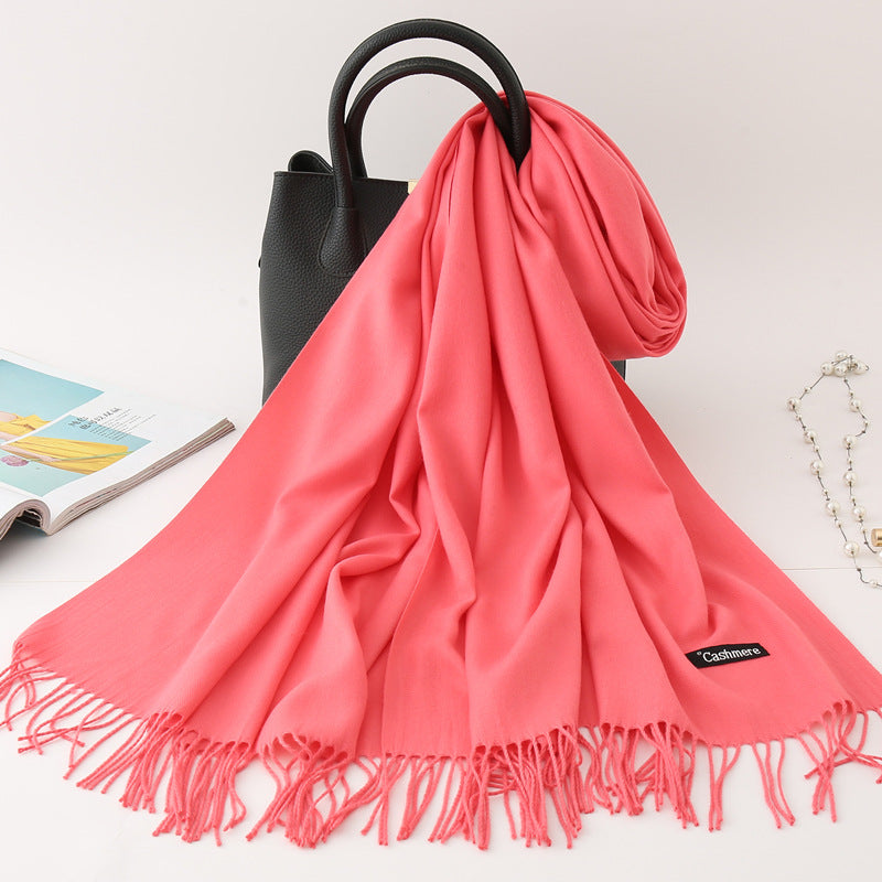 Solid color imitation cashmere scarf women's monochrome fashionable versatile warm shawl fringed red scarf winter scarf