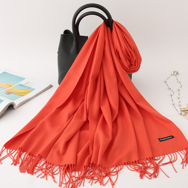 Solid color imitation cashmere scarf women's monochrome fashionable versatile warm shawl fringed red scarf winter scarf