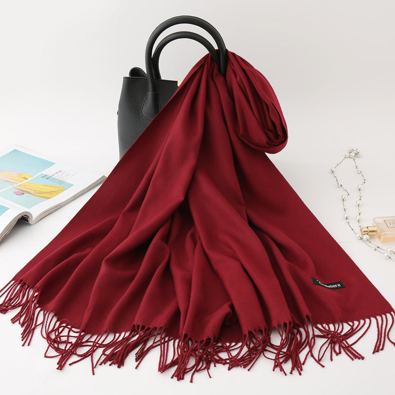 Solid color imitation cashmere scarf women's monochrome fashionable versatile warm shawl fringed red scarf winter scarf