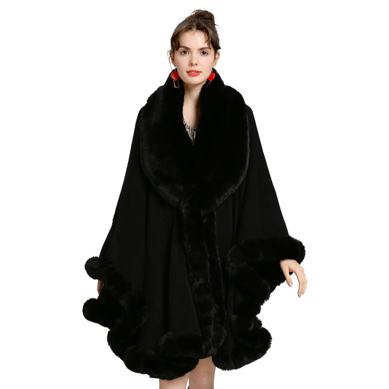 European and American new cape large size coat women's shawl loose imitation fur collar knitted cardigan shawl cape 1561 #