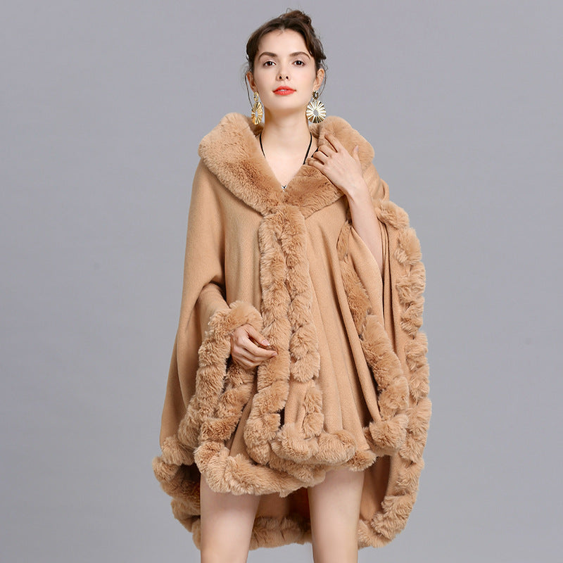 European and American new cape large size coat women's shawl loose imitation fur collar knitted cardigan shawl cape 1561 #