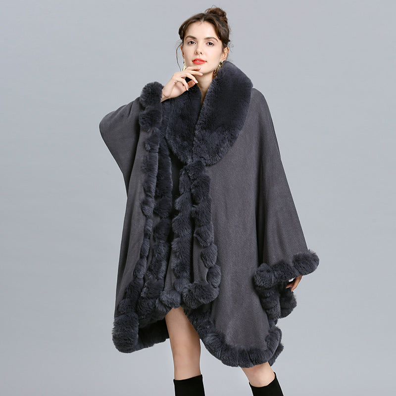 European and American new cape large size coat women's shawl loose imitation fur collar knitted cardigan shawl cape 1561 #
