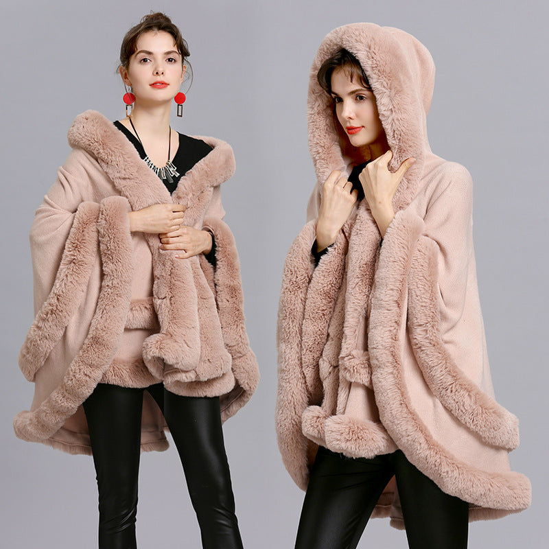 Autumn and Winter New Large Size Imitation Fox Fur Collar Fur Hooded Knitted Cardigan Shawl Cape Jacket