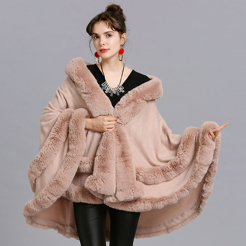 Autumn and Winter New Large Size Imitation Fox Fur Collar Fur Hooded Knitted Cardigan Shawl Cape Jacket