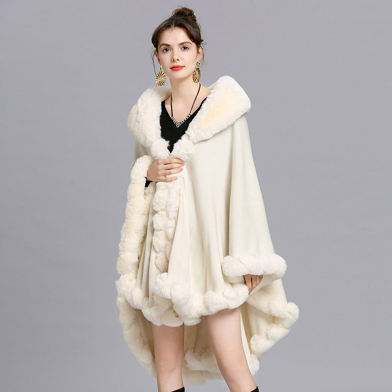 European and American new cape large size coat women's shawl loose imitation fur collar knitted cardigan shawl cape 1561 #
