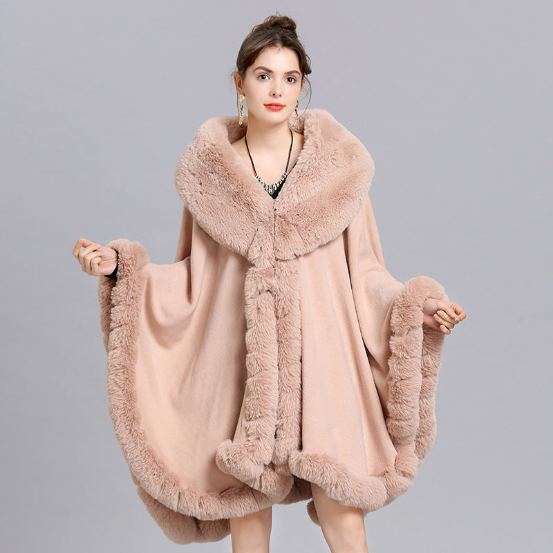 European and American new cape large size coat women's shawl loose imitation fur collar knitted cardigan shawl cape 1561 #