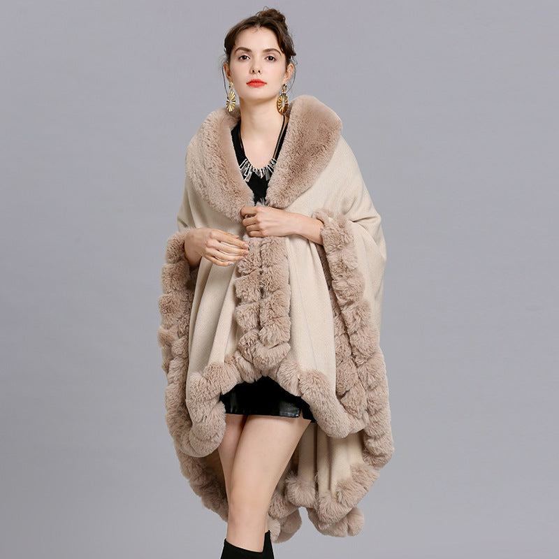 European and American new cape large size coat women's shawl loose imitation fur collar knitted cardigan shawl cape 1561 #