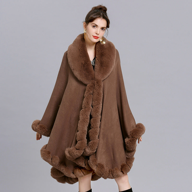 European and American new cape large size coat women's shawl loose imitation fur collar knitted cardigan shawl cape 1561 #