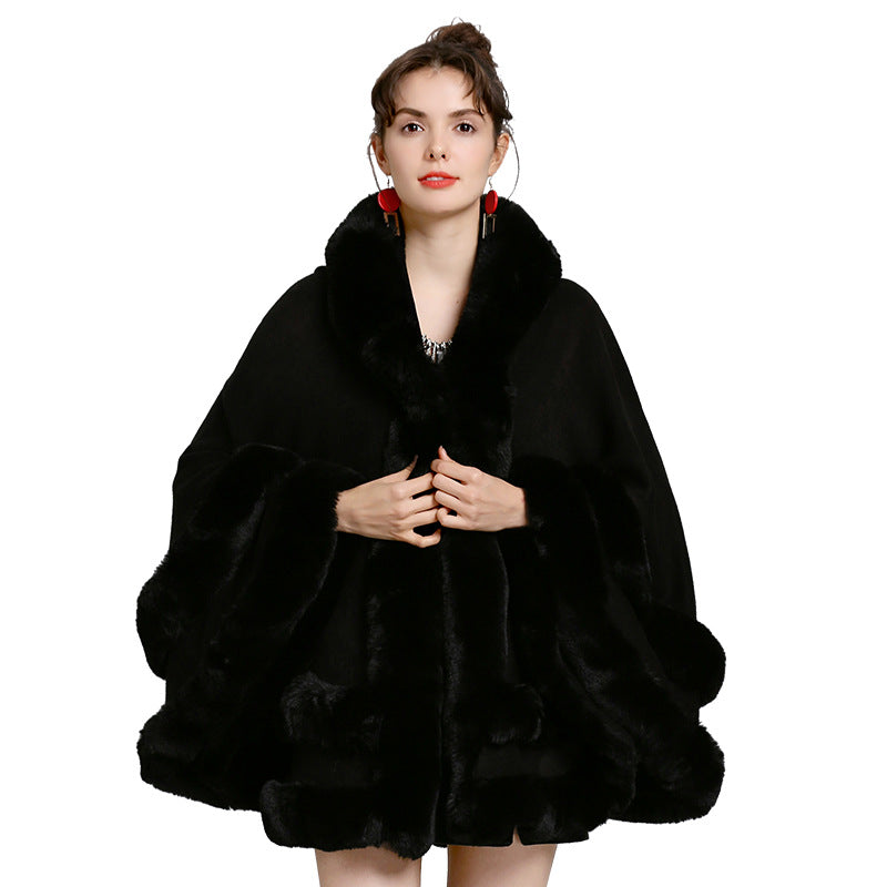 Autumn and Winter New Large Size Imitation Fox Fur Collar Fur Hooded Knitted Cardigan Shawl Cape Jacket