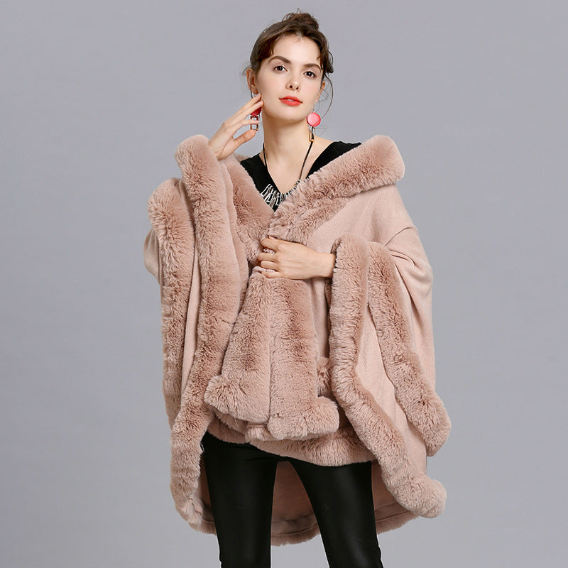 Autumn and Winter New Large Size Imitation Fox Fur Collar Fur Hooded Knitted Cardigan Shawl Cape Jacket