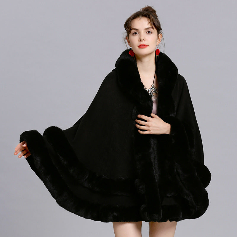 Autumn and Winter New Large Size Imitation Fox Fur Collar Fur Hooded Knitted Cardigan Shawl Cape Jacket