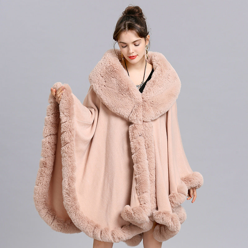European and American new cape large size coat women's shawl loose imitation fur collar knitted cardigan shawl cape 1561 #