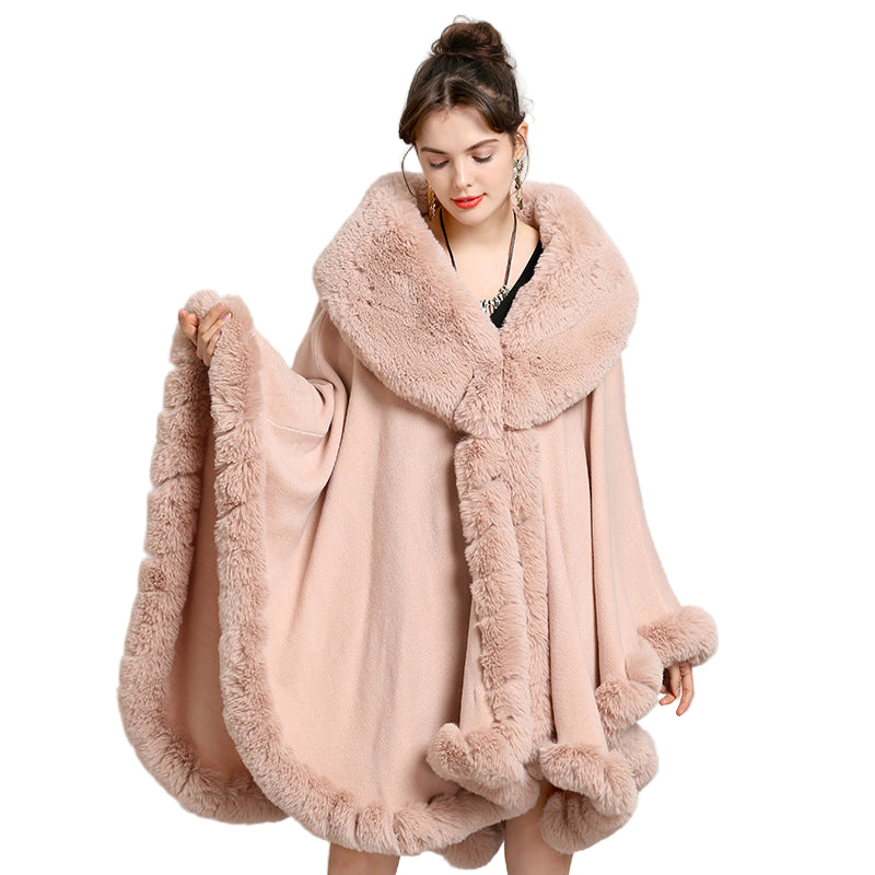 European and American new cape large size coat women's shawl loose imitation fur collar knitted cardigan shawl cape 1561 #
