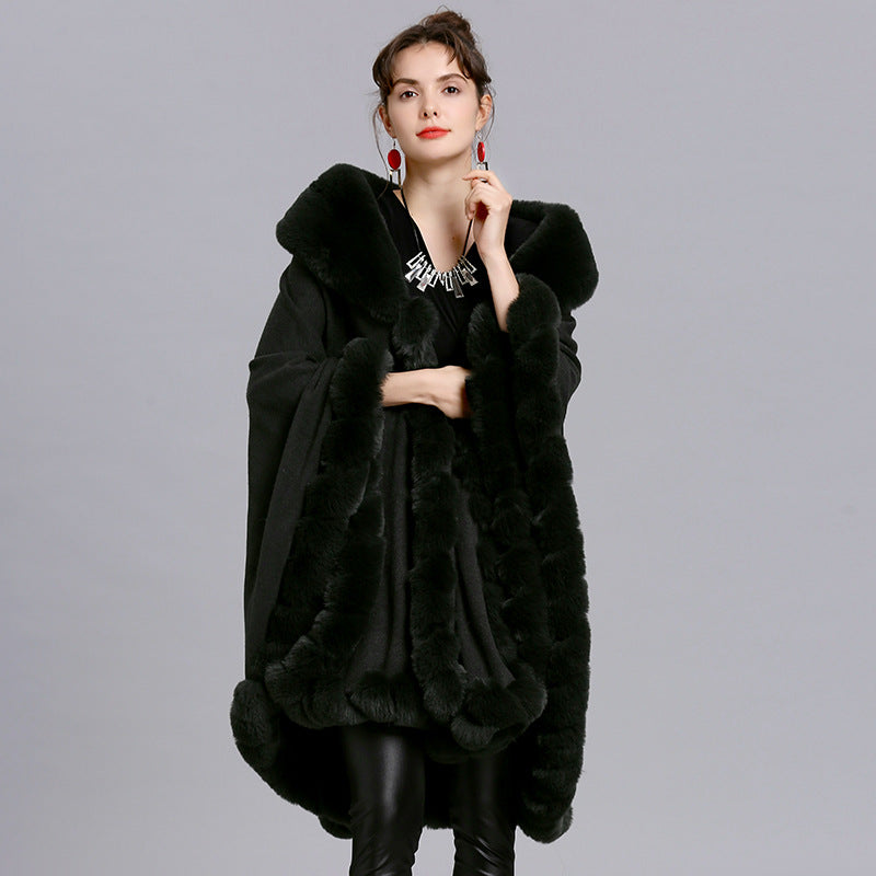 European and American new cape large size coat women's shawl loose imitation fur collar knitted cardigan shawl cape 1561 #