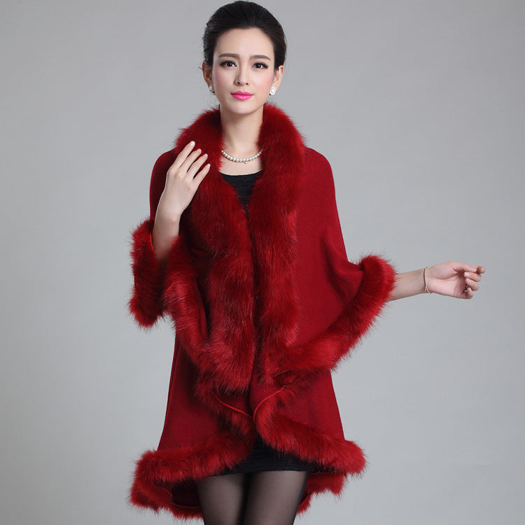 Classic autumn and winter European and American new women's clothing temperament large size knitted double-layer cardigan imitation fox fur shawl cape