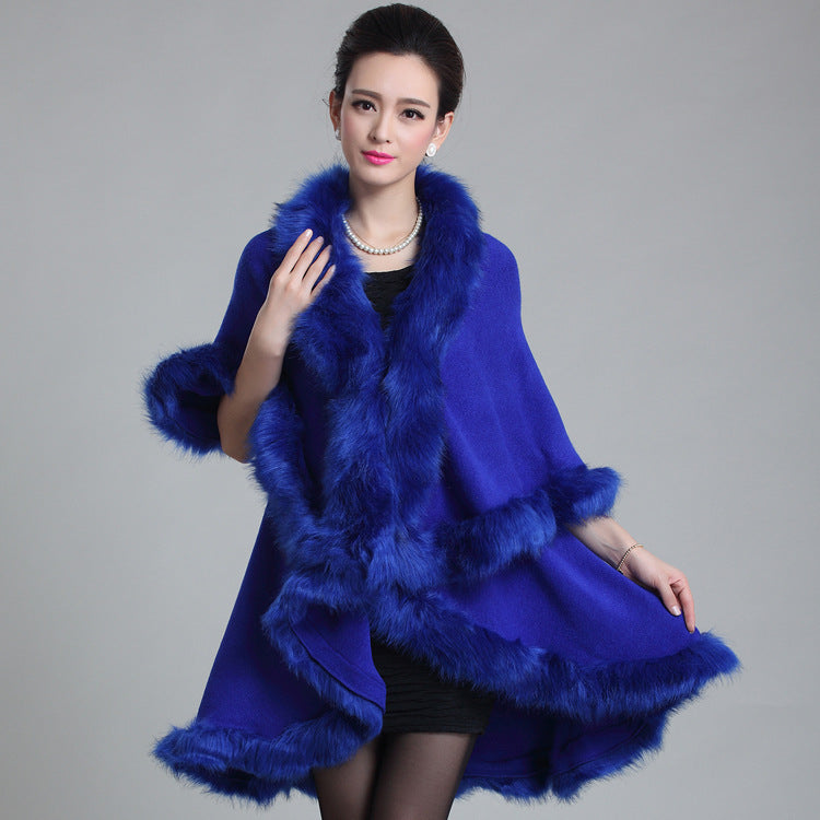 Classic autumn and winter European and American new women's clothing temperament large size knitted double-layer cardigan imitation fox fur shawl cape