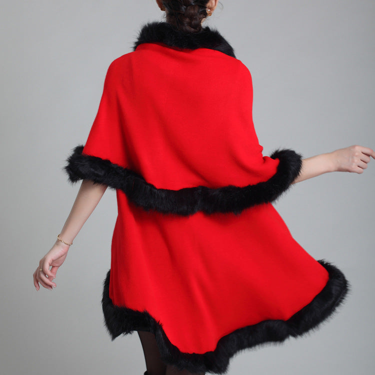 Classic autumn and winter European and American new women's clothing temperament large size knitted double-layer cardigan imitation fox fur shawl cape