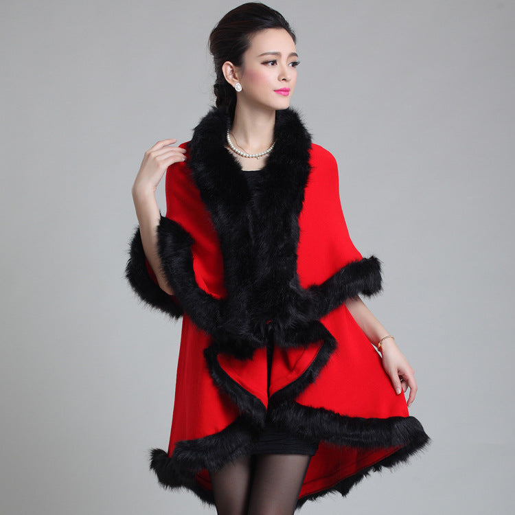 Classic autumn and winter European and American new women's clothing temperament large size knitted double-layer cardigan imitation fox fur shawl cape