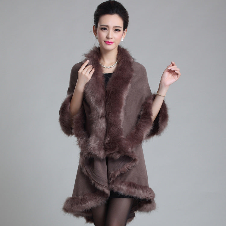 Classic autumn and winter European and American new women's clothing temperament large size knitted double-layer cardigan imitation fox fur shawl cape