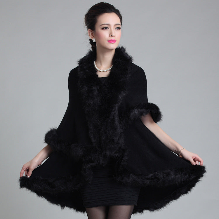 Classic autumn and winter European and American new women's clothing temperament large size knitted double-layer cardigan imitation fox fur shawl cape