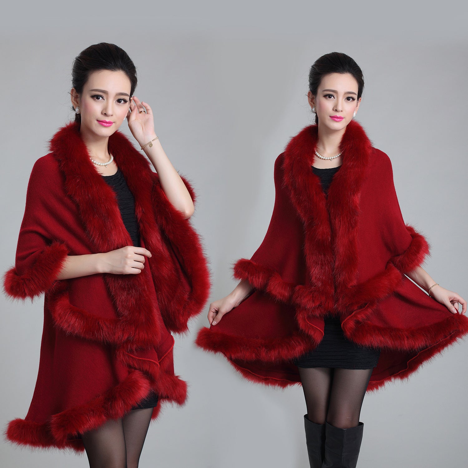 Classic autumn and winter European and American new women's clothing temperament large size knitted double-layer cardigan imitation fox fur shawl cape