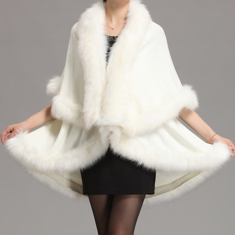 Classic autumn and winter European and American new women's clothing temperament large size knitted double-layer cardigan imitation fox fur shawl cape