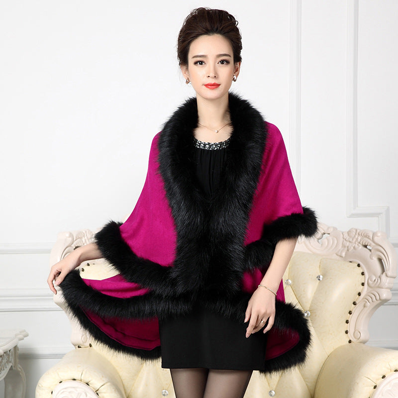 Classic autumn and winter European and American new women's clothing temperament large size knitted double-layer cardigan imitation fox fur shawl cape