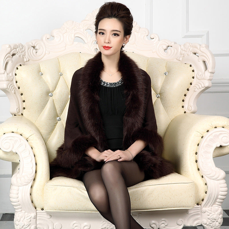 Classic autumn and winter European and American new women's clothing temperament large size knitted double-layer cardigan imitation fox fur shawl cape