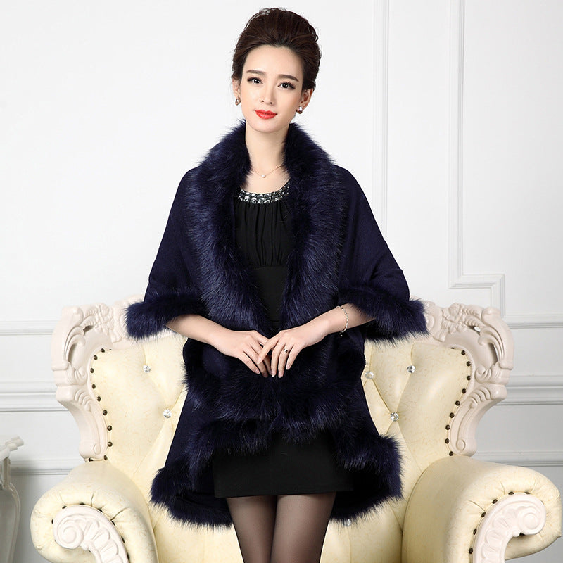 Classic autumn and winter European and American new women's clothing temperament large size knitted double-layer cardigan imitation fox fur shawl cape