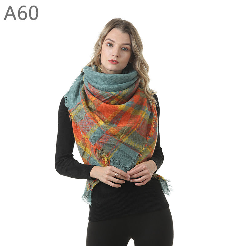 European, American autumn and winter women's new colorful plaid square scarf imitation cashmere scarf women's shawl