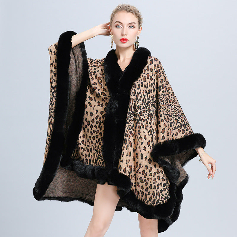 Europe, America autumn and winter new imitation fur collar leopard print jacquard knitted cardigan cape shawl jacket women 1629 #