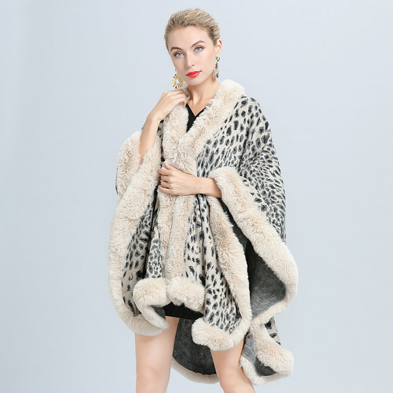 Europe, America autumn and winter new imitation fur collar leopard print jacquard knitted cardigan cape shawl jacket women 1629 #