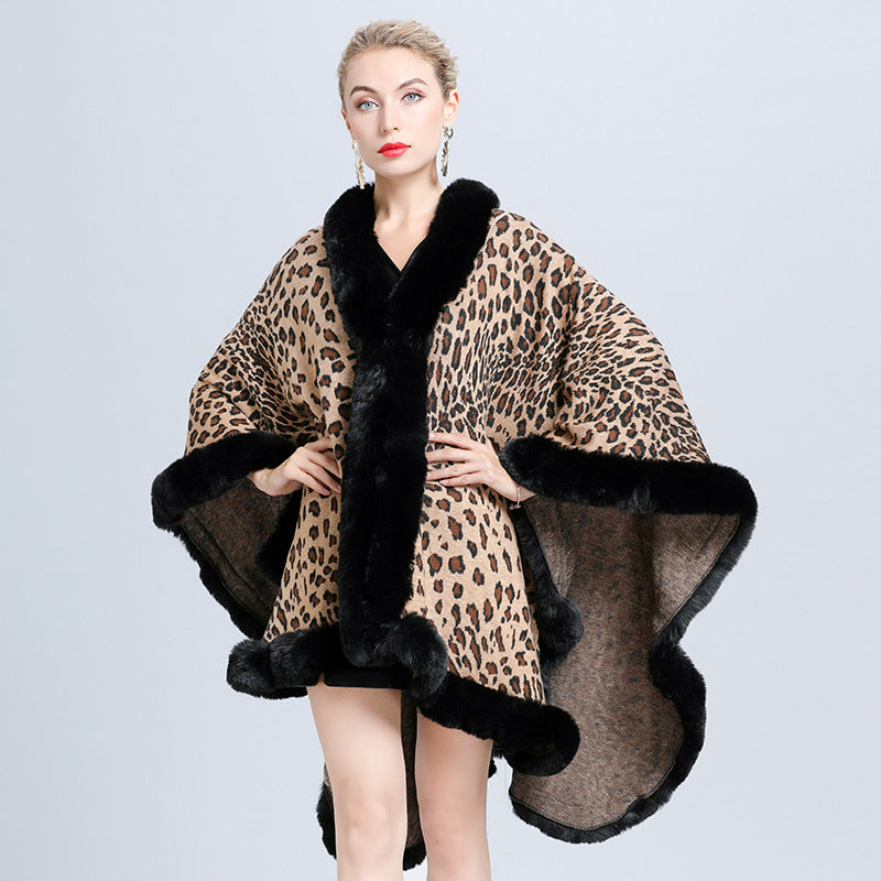 Europe, America autumn and winter new imitation fur collar leopard print jacquard knitted cardigan cape shawl jacket women 1629 #
