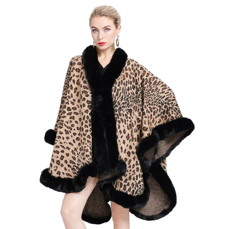 Europe, America autumn and winter new imitation fur collar leopard print jacquard knitted cardigan cape shawl jacket women 1629 #