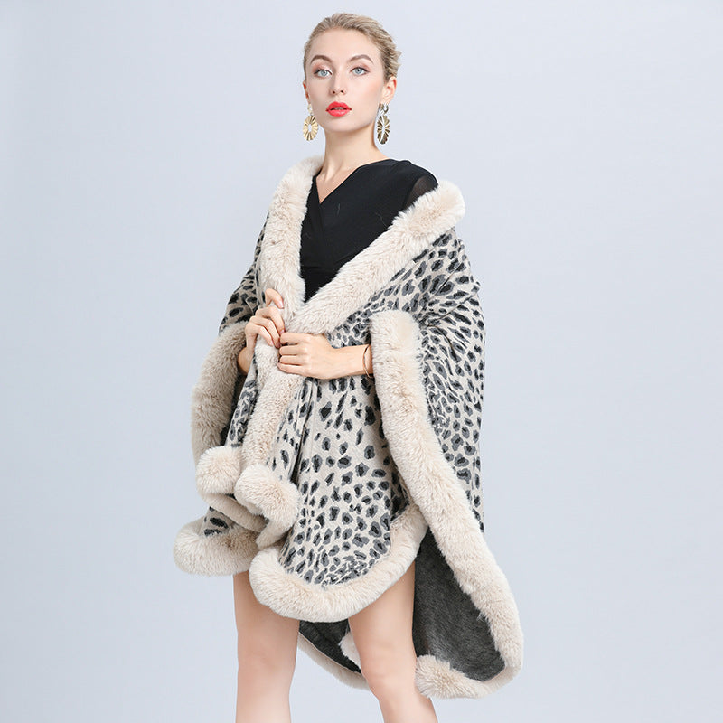 Europe, America autumn and winter new imitation fur collar leopard print jacquard knitted cardigan cape shawl jacket women 1629 #
