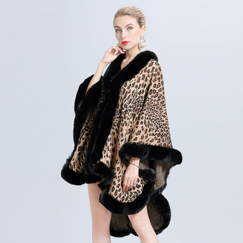 Europe, America autumn and winter new imitation fur collar leopard print jacquard knitted cardigan cape shawl jacket women 1629 #