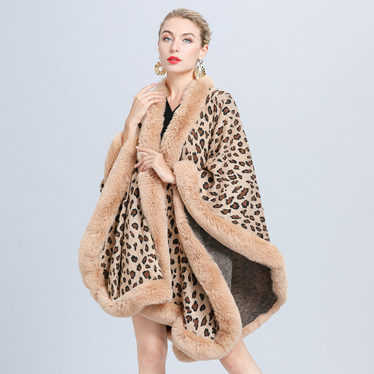 Europe, America autumn and winter new imitation fur collar leopard print jacquard knitted cardigan cape shawl jacket women 1629 #