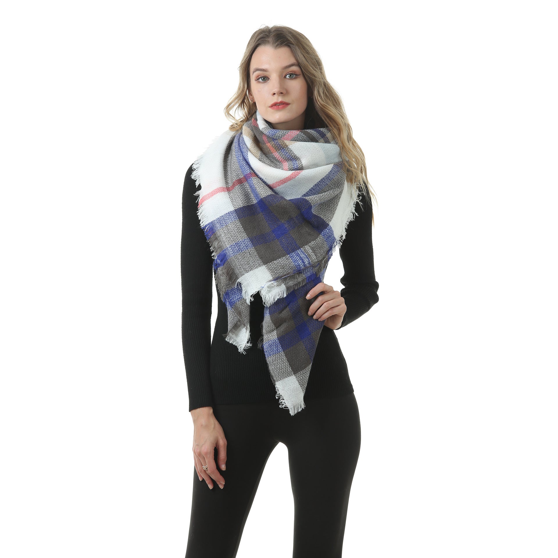 Europe, America, autumn and winter imitation cashmere plus double-sided colorful plaid square scarf women's shawl